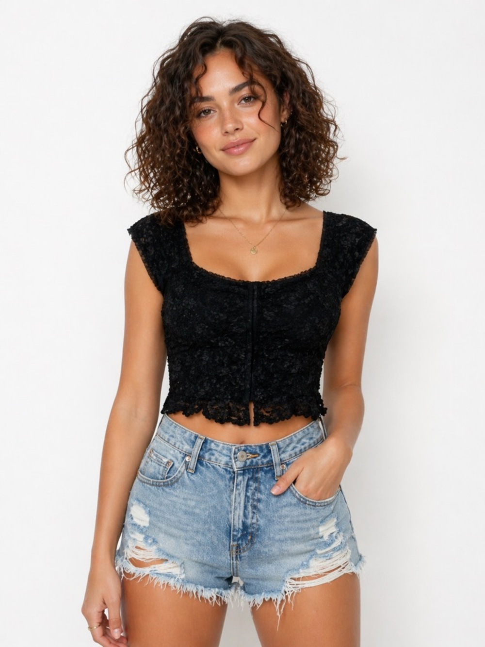 Lafayette 148 Black Lace Mesh Cropped Corset Top Size 4 Stretch